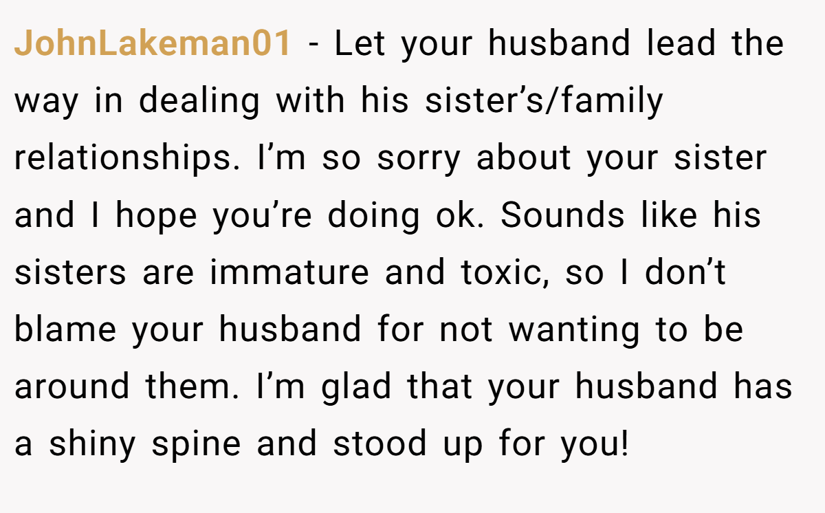 JohnLakeman01 − Let your husband lead the way in dealing with his sister’s/family relationships. I’m so sorry about your sister and I hope you’re doing ok. Sounds like his sisters are immature and toxic, so I don’t blame your husband for not wanting to be around them. I’m glad that your husband has a shiny spine and stood up for you!