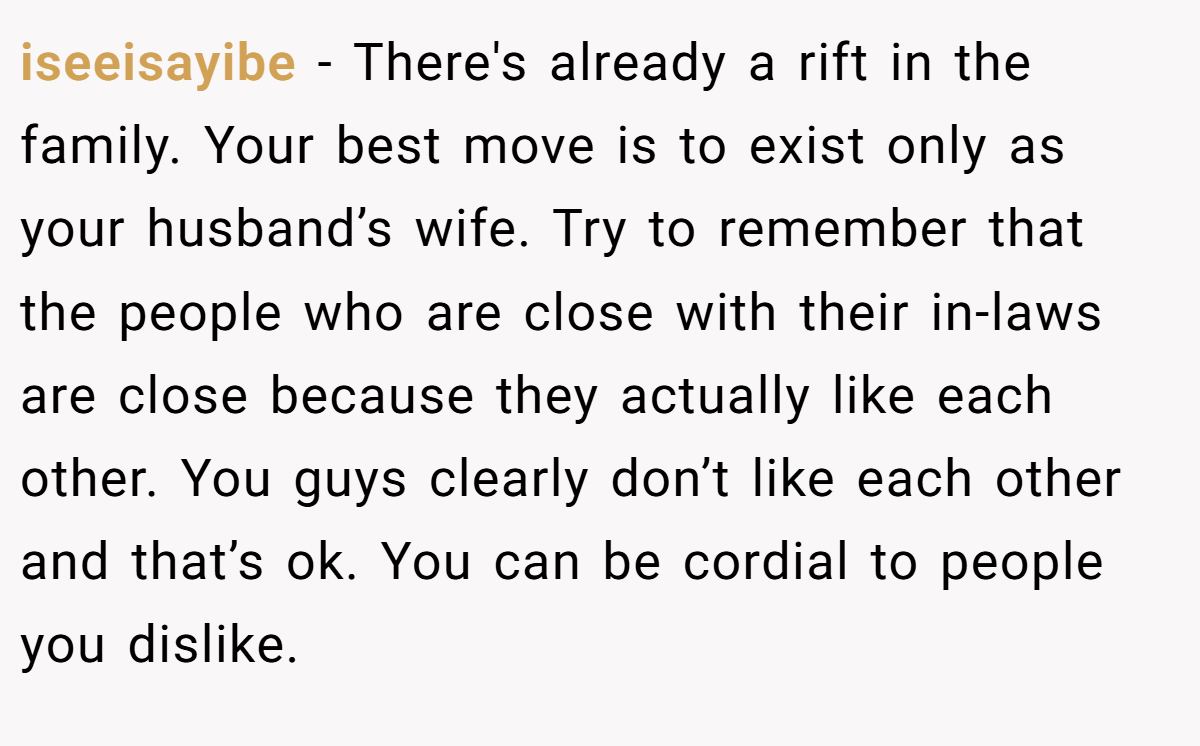 iseeisayibe − There's already a rift in the family. Your best move is to exist only as your husband’s wife. Try to remember that the people who are close with their in-laws are close because they actually like each other. You guys clearly don’t like each other and that’s ok. You can be cordial to people you dislike.