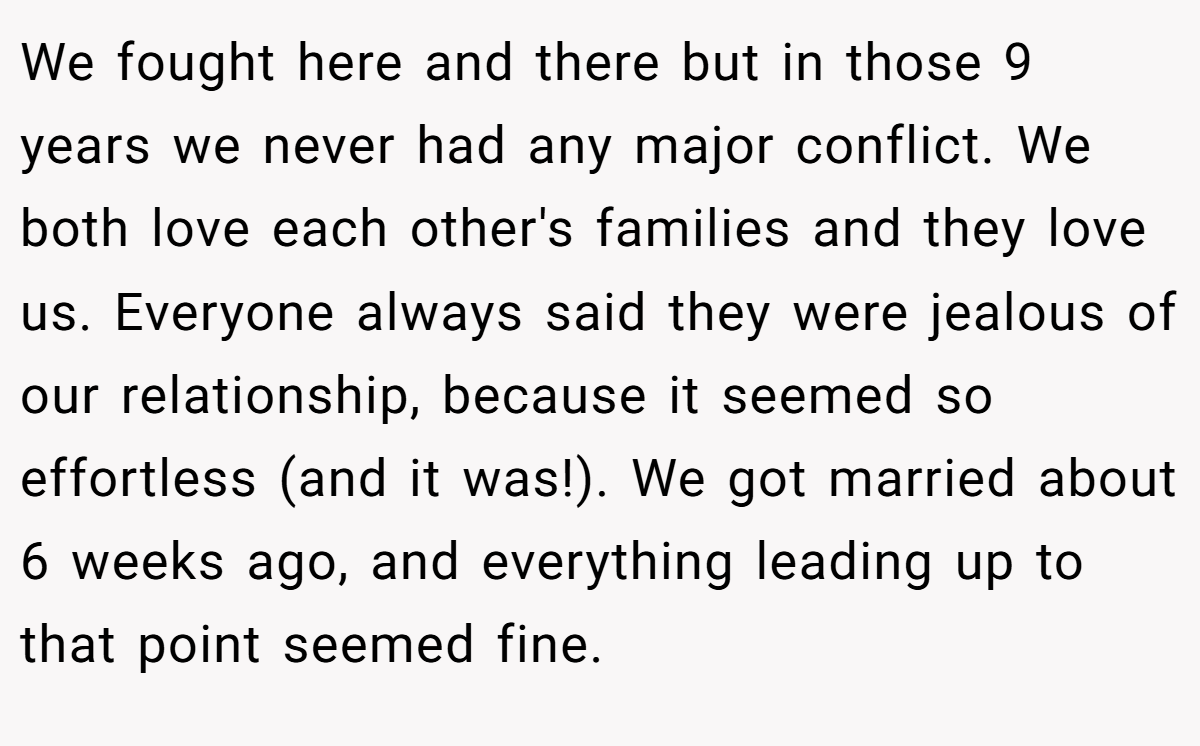We fought here and there but in those 9 years we never had any major conflict. We both love each other's families and they love us. Everyone always said they were jealous of our relationship, because it seemed so effortless (and it was!). We got married about 6 weeks ago, and everything leading up to that point seemed fine.