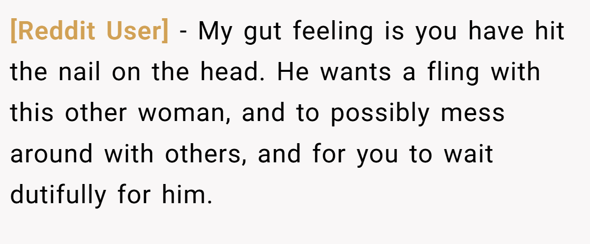 [Reddit User] − My gut feeling is you have hit the nail on the head. He wants a fling with this other woman, and to possibly mess around with others, and for you to wait dutifully for him.