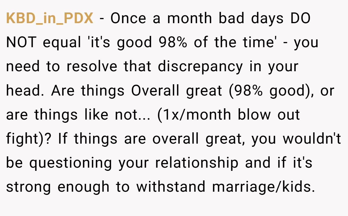 KBD_in_PDX − Once a month bad days DO NOT equal 'it's good 98% of the time' - you need to resolve that discrepancy in your head. Are things Overall great (98% good), or are things like not... (1x/month blow out fight)? If things are overall great, you wouldn't be questioning your relationship and if it's strong enough to withstand marriage/kids.