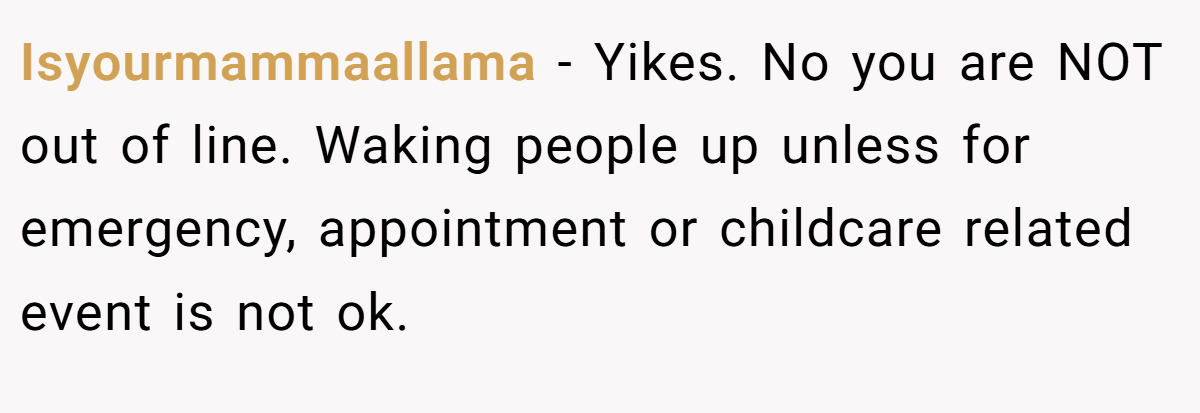 Isyourmammaallama − Yikes. No you are NOT out of line. Waking people up unless for emergency, appointment or childcare related event is not ok.