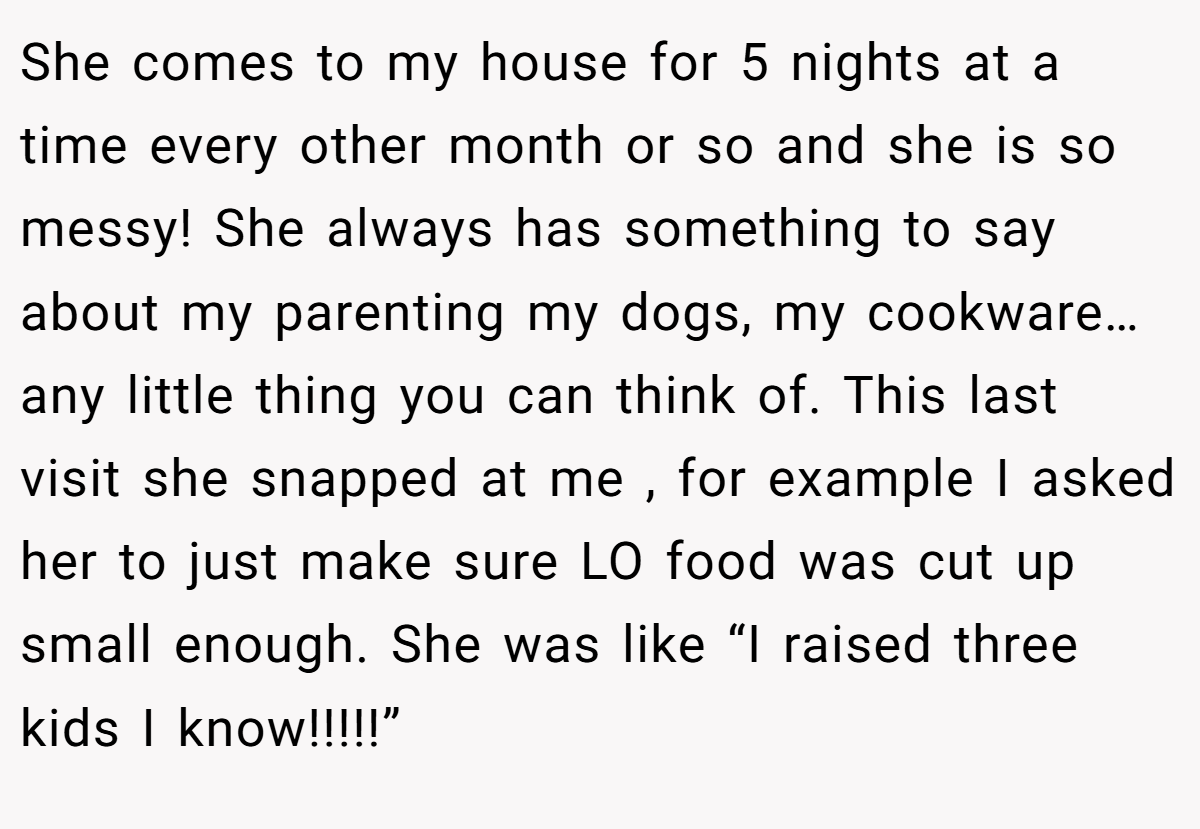 She comes to my house for 5 nights at a time every other month or so and she is so messy! She always has something to say about my parenting my dogs, my cookware… any little thing you can think of. This last visit she snapped at me , for example I asked her to just make sure LO food was cut up small enough. She was like “I raised three kids I know!!!!!”