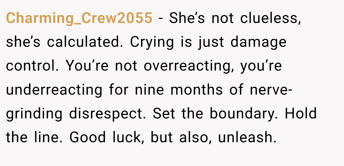 Charming_Crew2055 − She’s not clueless, she’s calculated. Crying is just damage control. You’re not overreacting, you’re underreacting for nine months of nerve-grinding disrespect. Set the boundary. Hold the line. Good luck, but also, unleash.