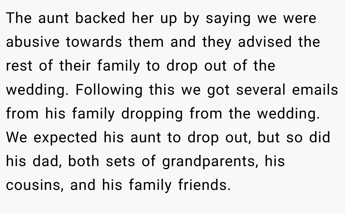 The aunt backed her up by saying we were abusive towards them and they advised the rest of their family to drop out of the wedding. Following this we got several emails from his family dropping from the wedding. We expected his aunt to drop out, but so did his dad, both sets of grandparents, his cousins, and his family friends.