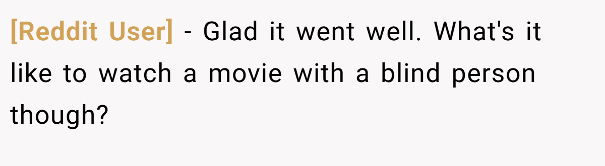 [Reddit User] − Glad it went well. What's it like to watch a movie with a blind person though?