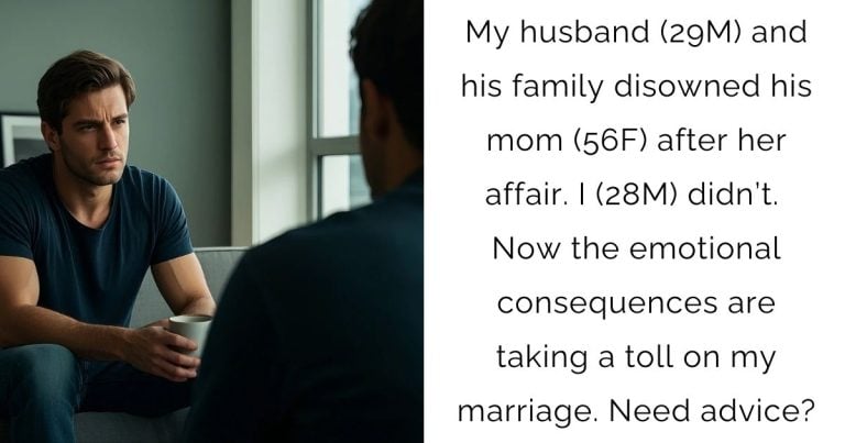 My husband (29M) and his family disowned his mom (56F) after her affair. I (28M) didn’t . Now the emotional consequences are taking a toll on my marriage. Need advice?