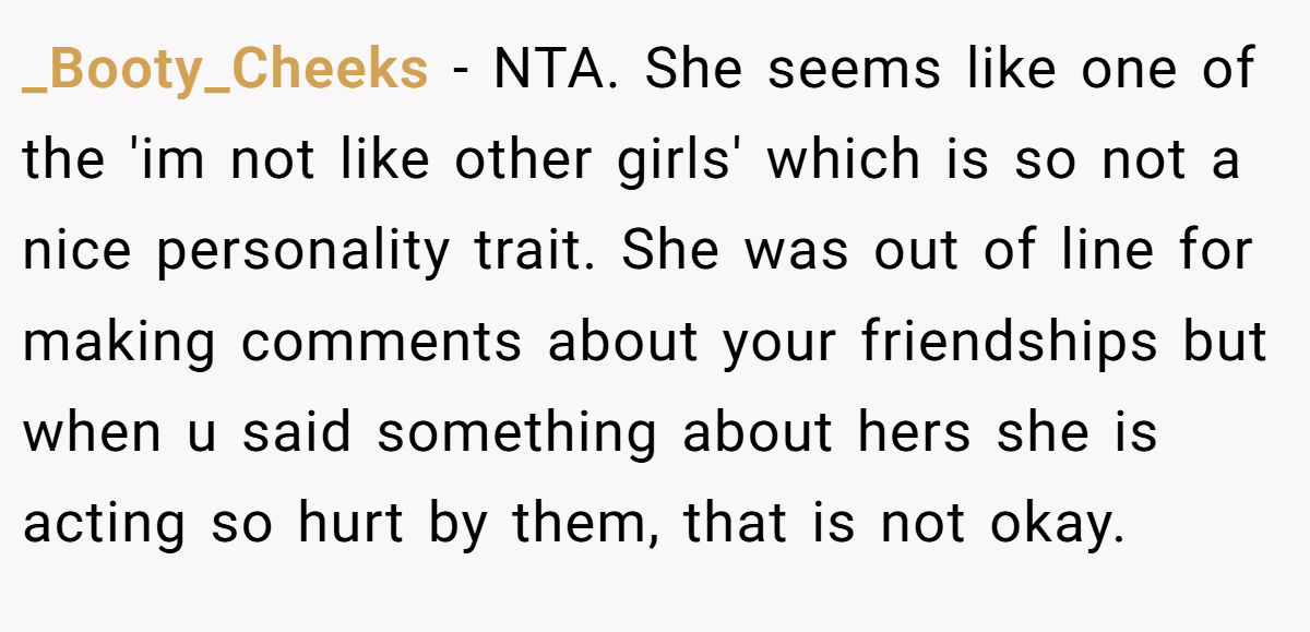 _Booty_Cheeks − NTA. She seems like one of the 'im not like other girls' which is so not a nice personality trait. She was out of line for making comments about your friendships but when u said something about hers she is acting so hurt by them, that is not okay.