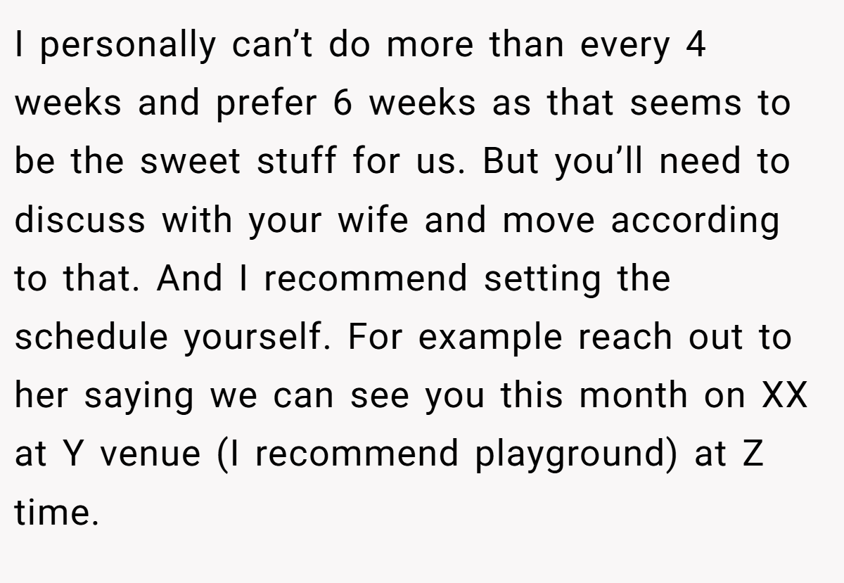 I personally can’t do more than every 4 weeks and prefer 6 weeks as that seems to be the sweet stuff for us. But you’ll need to discuss with your wife and move according to that. And I recommend setting the schedule yourself. For example reach out to her saying we can see you this month on XX at Y venue (I recommend playground) at Z time.