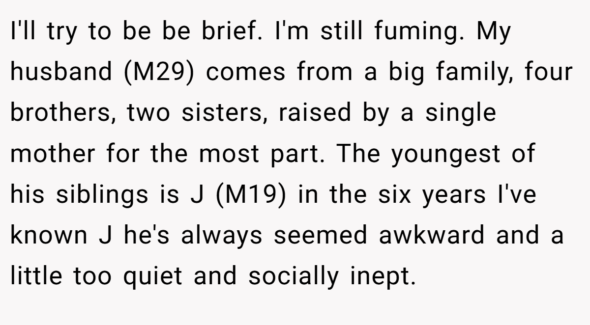 I'll try to be be brief. I'm still fuming. My husband (M29) comes from a big family, four brothers, two sisters, raised by a single mother for the most part. The youngest of his siblings is J (M19) in the six years I've known J he's always seemed awkward and a little too quiet and socially inept.