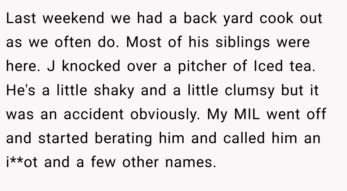 Last weekend we had a back yard cook out as we often do. Most of his siblings were here. J knocked over a pitcher of Iced tea. He's a little shaky and a little clumsy but it was an accident obviously. My MIL went off and started berating him and called him an i**ot and a few other names.