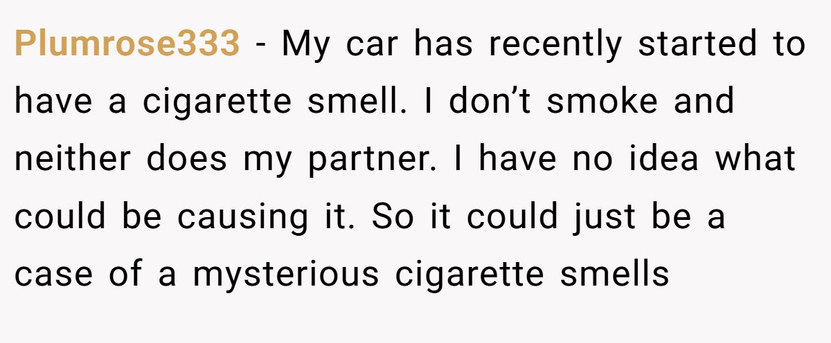 Plumrose333 − My car has recently started to have a cigarette smell. I don’t smoke and neither does my partner. I have no idea what could be causing it. So it could just be a case of a mysterious cigarette smells