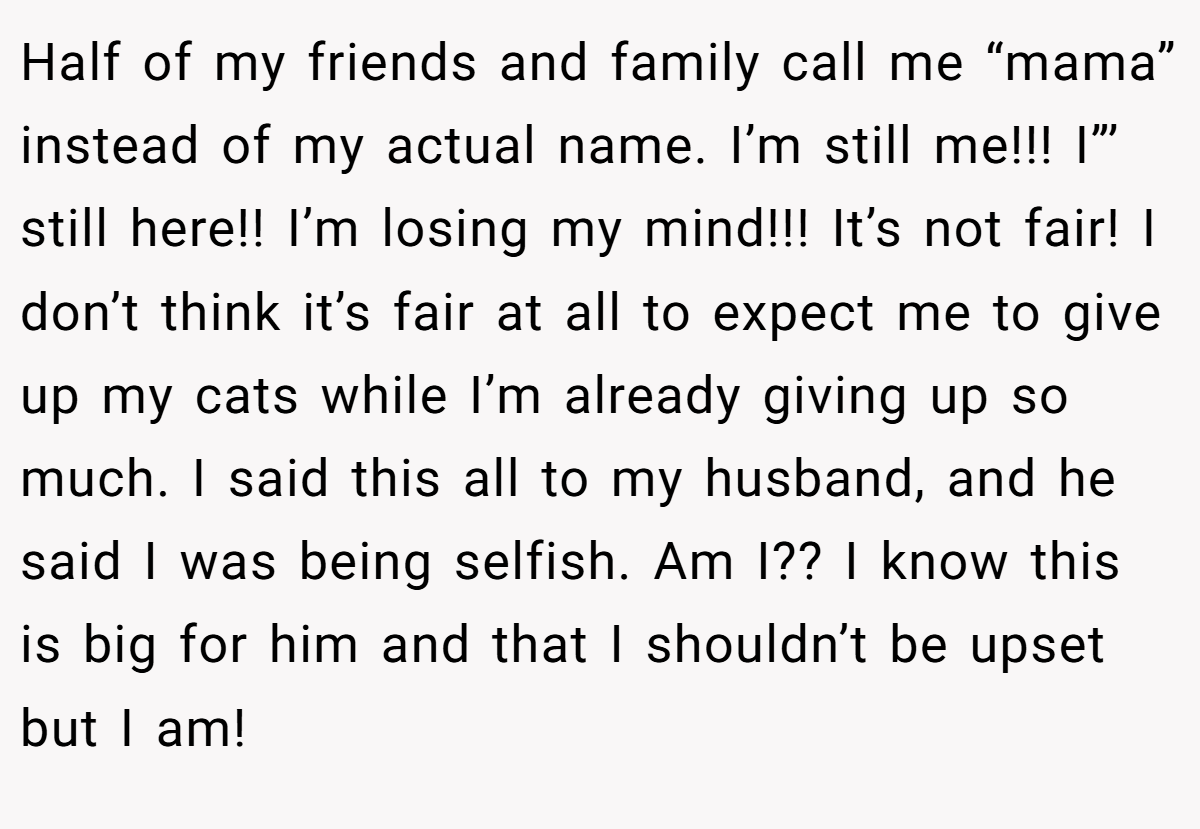 Half of my friends and family call me “mama” instead of my actual name. I’m still me!!! I”’ still here!! I’m losing my mind!!! It’s not fair! I don’t think it’s fair at all to expect me to give up my cats while I’m already giving up so much. I said this all to my husband, and he said I was being selfish. Am I?? I know this is big for him and that I shouldn’t be upset but I am!