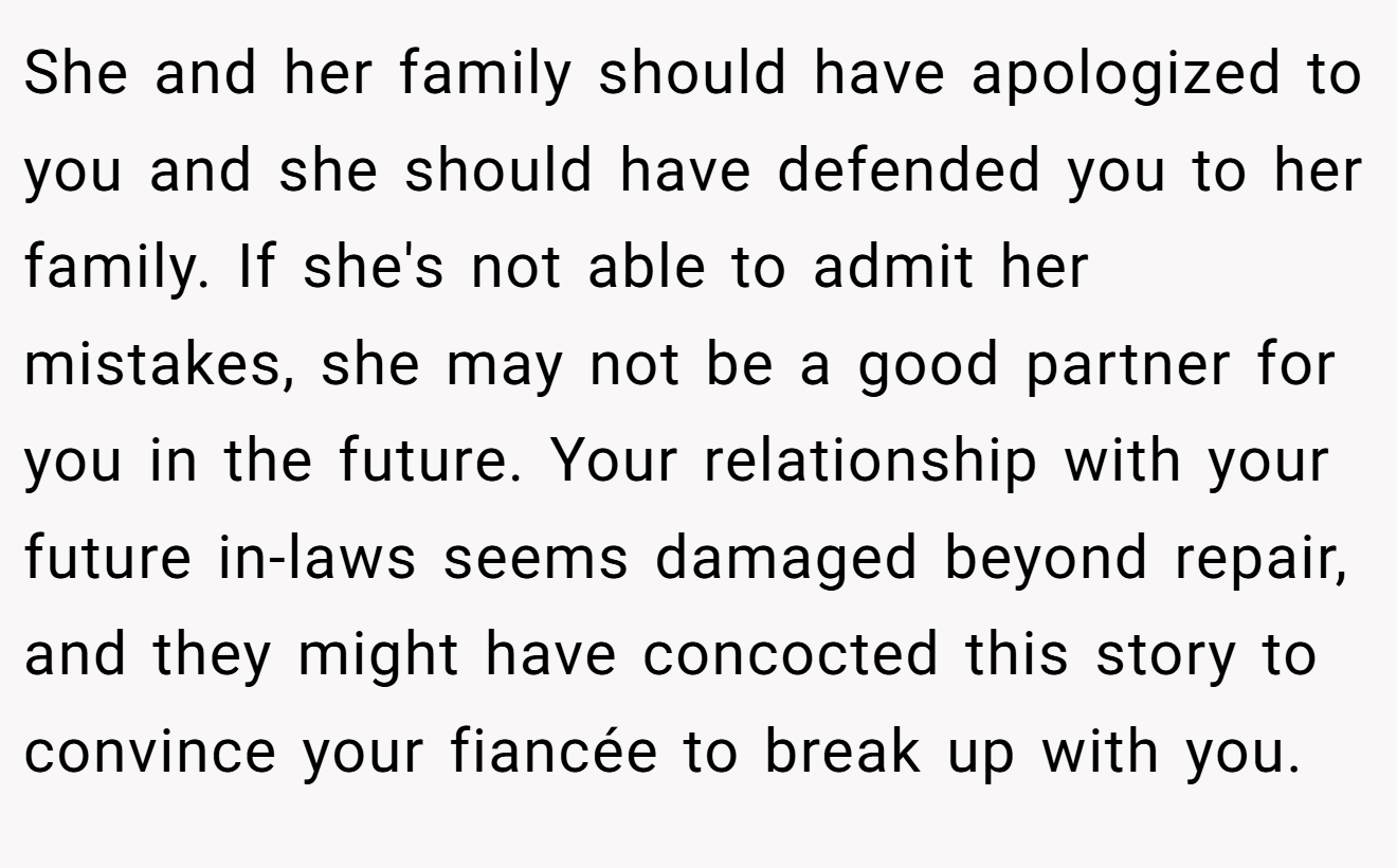 She and her family should have apologized to you and she should have defended you to her family. If she's not able to admit her mistakes, she may not be a good partner for you in the future. Your relationship with your future in-laws seems damaged beyond repair, and they might have concocted this story to convince your fiancée to break up with you.
