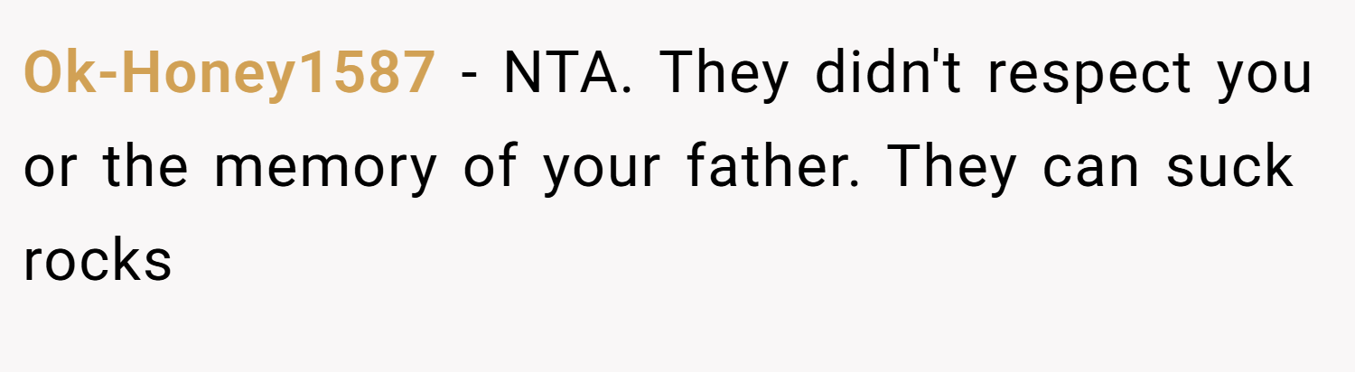 Ok-Honey1587 − NTA. They didn't respect you or the memory of your father. They can suck rocks