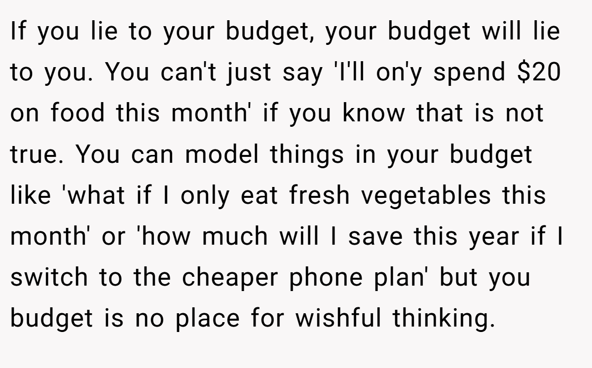 If you lie to your budget, your budget will lie to you. You can't just say 'I'll on'y spend $20 on food this month' if you know that is not true. You can model things in your budget like 'what if I only eat fresh vegetables this month' or 'how much will I save this year if I switch to the cheaper phone plan' but you budget is no place for wishful thinking.