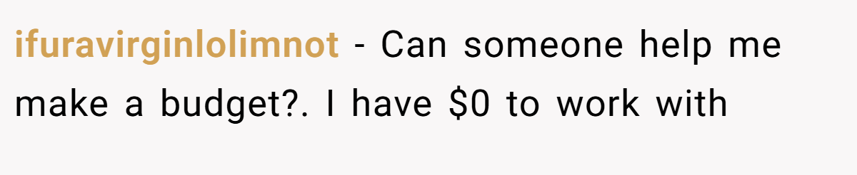 ifuravirginlolimnot − Can someone help me make a budget?. I have $0 to work with