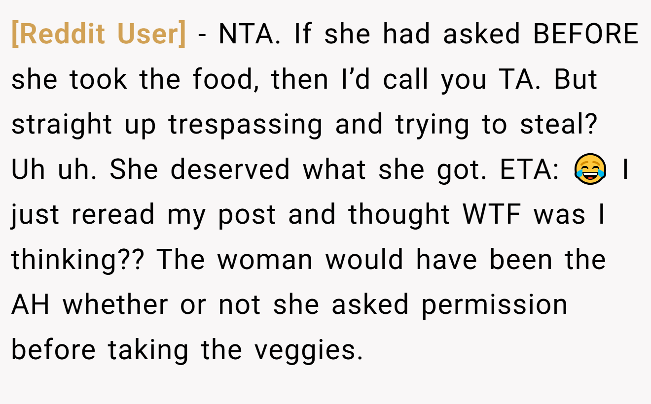 [Reddit User] − NTA. If she had asked BEFORE she took the food, then I’d call you TA. But straight up trespassing and trying to steal? Uh uh. She deserved what she got. ETA: 😂 I just reread my post and thought WTF was I thinking?? The woman would have been the AH whether or not she asked permission before taking the veggies.