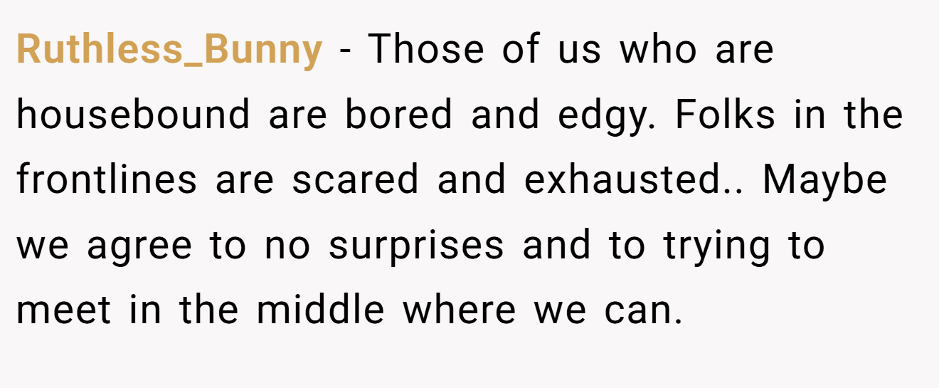 Ruthless_Bunny − Those of us who are housebound are bored and edgy. Folks in the frontlines are scared and exhausted.. Maybe we agree to no surprises and to trying to meet in the middle where we can.