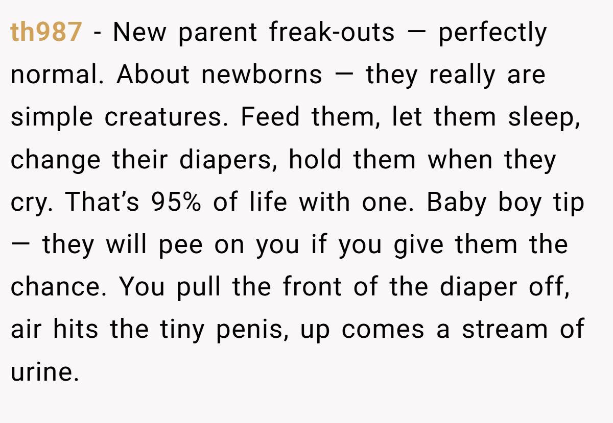 th987 − New parent freak-outs — perfectly normal. About newborns — they really are simple creatures. Feed them, let them sleep, change their diapers, hold them when they cry. That’s 95% of life with one. Baby boy tip — they will pee on you if you give them the chance. You pull the front of the diaper off, air hits the tiny penis, up comes a stream of urine.