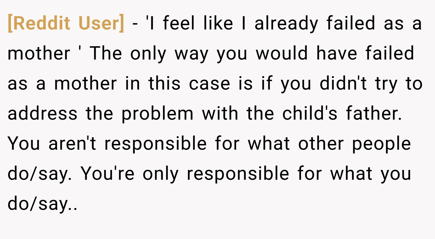 [Reddit User] − 'I feel like I already failed as a mother ' The only way you would have failed as a mother in this case is if you didn't try to address the problem with the child's father. You aren't responsible for what other people do/say. You're only responsible for what you do/say..