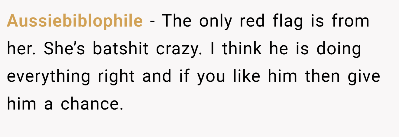 Aussiebiblophile − The only red flag is from her. She’s batshit crazy. I think he is doing everything right and if you like him then give him a chance.