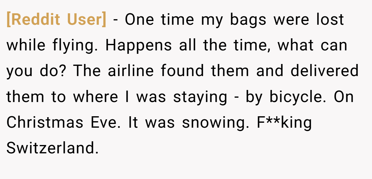 [Reddit User] − One time my bags were lost while flying. Happens all the time, what can you do? The airline found them and delivered them to where I was staying - by bicycle. On Christmas Eve. It was snowing. F**king Switzerland.