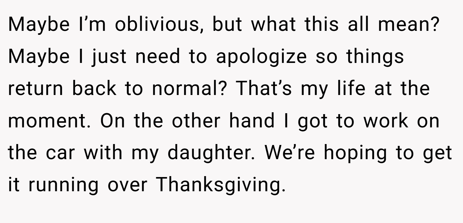 Maybe I’m oblivious, but what this all mean? Maybe I just need to apologize so things return back to normal? That’s my life at the moment. On the other hand I got to work on the car with my daughter. We’re hoping to get it running over Thanksgiving.