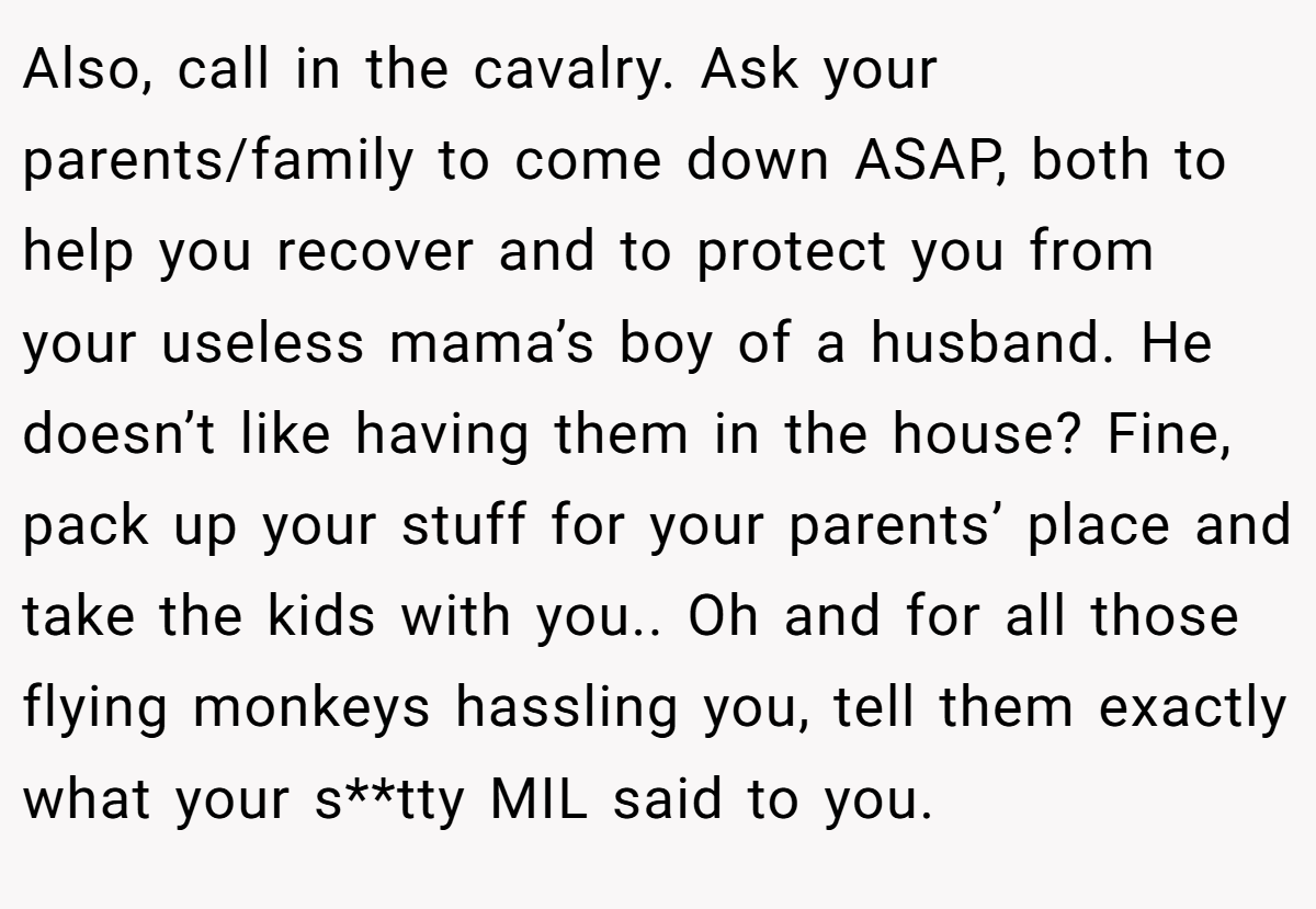 Also, call in the cavalry. Ask your parents/family to come down ASAP, both to help you recover and to protect you from your useless mama’s boy of a husband. He doesn’t like having them in the house? Fine, pack up your stuff for your parents’ place and take the kids with you.. Oh and for all those flying monkeys hassling you, tell them exactly what your s**tty MIL said to you.