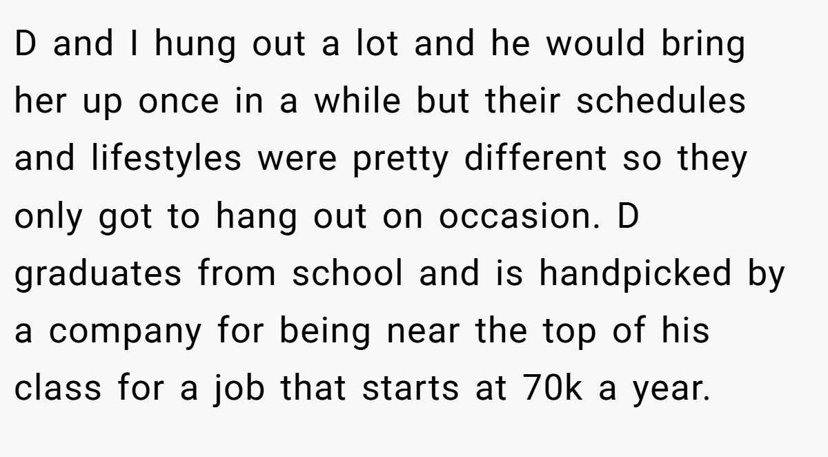 D and I hung out a lot and he would bring her up once in a while but their schedules and lifestyles were pretty different so they only got to hang out on occasion. D graduates from school and is handpicked by a company for being near the top of his class for a job that starts at 70k a year.