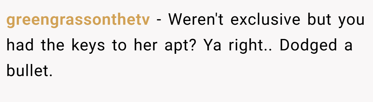 greengrassonthetv − Weren't exclusive but you had the keys to her apt? Ya right.. Dodged a bullet.