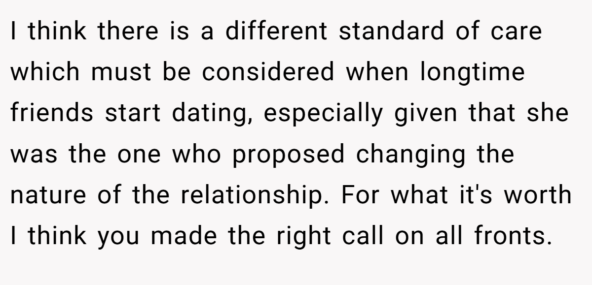 I think there is a different standard of care which must be considered when longtime friends start dating, especially given that she was the one who proposed changing the nature of the relationship. For what it's worth I think you made the right call on all fronts.