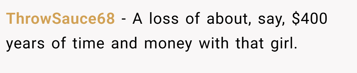 ThrowSauce68 − A loss of about, say, $400 years of time and money with that girl.