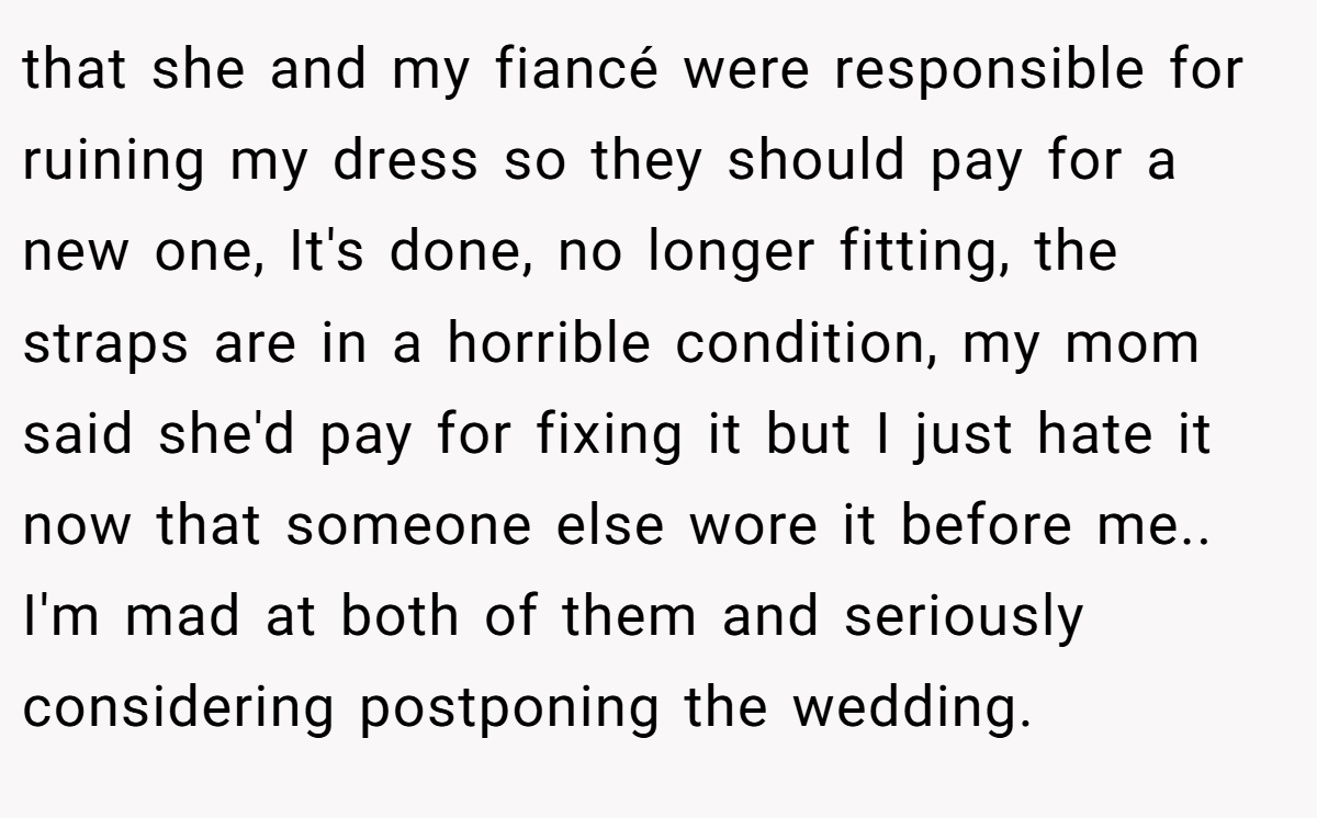 that she and my fiancé were responsible for ruining my dress so they should pay for a new one, It's done, no longer fitting, the straps are in a horrible condition, my mom said she'd pay for fixing it but I just hate it now that someone else wore it before me.. I'm mad at both of them and seriously considering postponing the wedding.