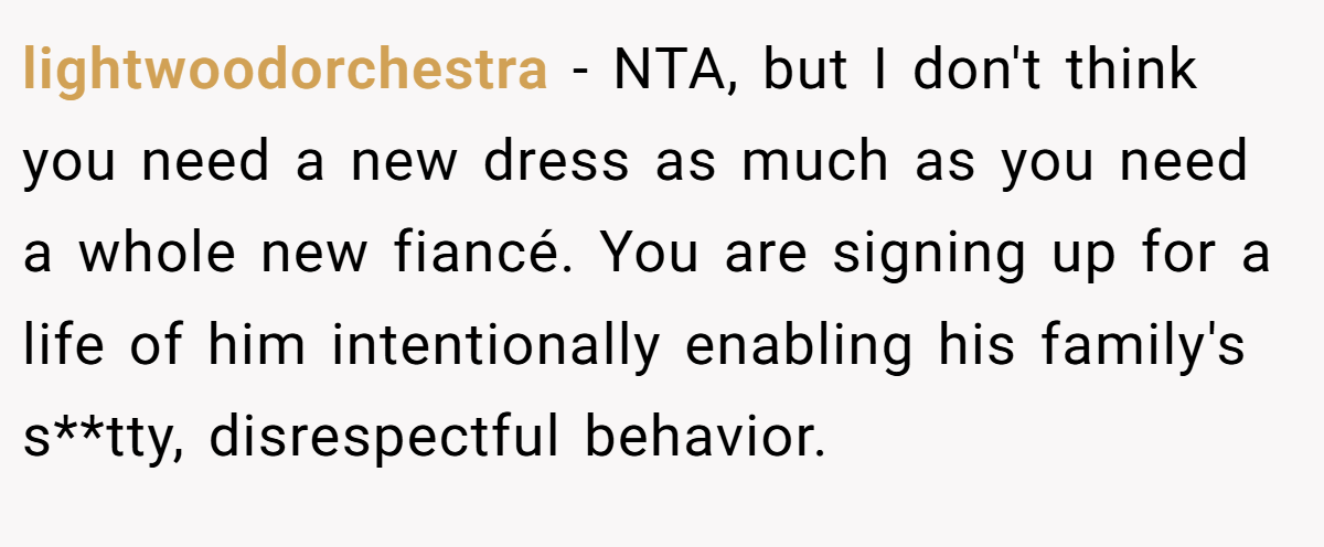 lightwoodorchestra − NTA, but I don't think you need a new dress as much as you need a whole new fiancé. You are signing up for a life of him intentionally enabling his family's s**tty, disrespectful behavior.
