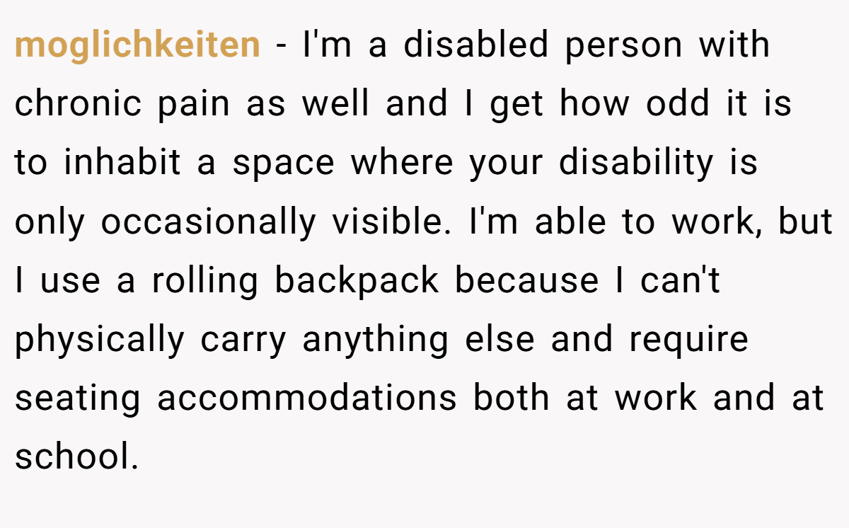 moglichkeiten − I'm a disabled person with chronic pain as well and I get how odd it is to inhabit a space where your disability is only occasionally visible. I'm able to work, but I use a rolling backpack because I can't physically carry anything else and require seating accommodations both at work and at school.