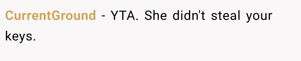 CurrentGround − YTA. She didn't steal your keys.