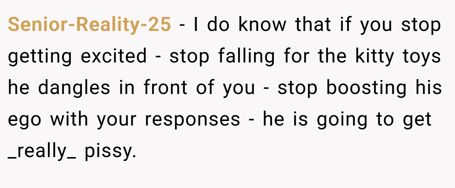 Senior-Reality-25 − I do know that if you stop getting excited - stop falling for the kitty toys he dangles in front of you - stop boosting his ego with your responses - he is going to get _really_ pissy.