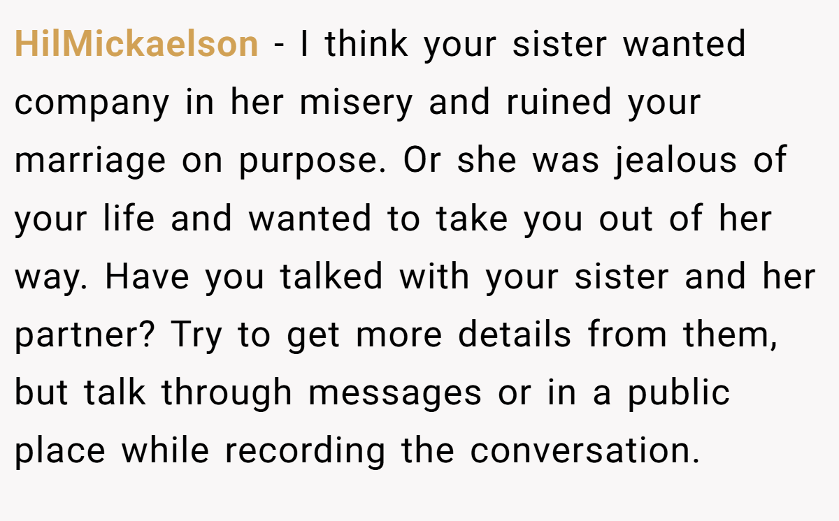 HilMickaelson − I think your sister wanted company in her misery and ruined your marriage on purpose. Or she was jealous of your life and wanted to take you out of her way. Have you talked with your sister and her partner? Try to get more details from them, but talk through messages or in a public place while recording the conversation.