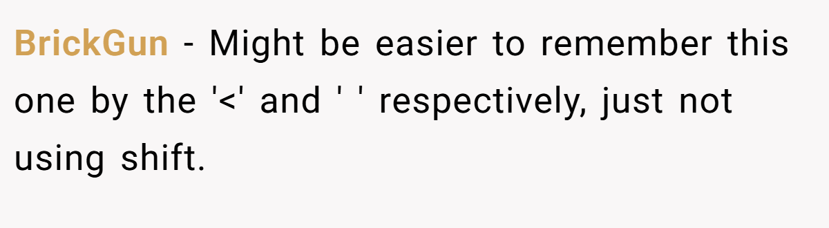 BrickGun − Might be easier to remember this one by the '<' and ' ' respectively, just not using shift.