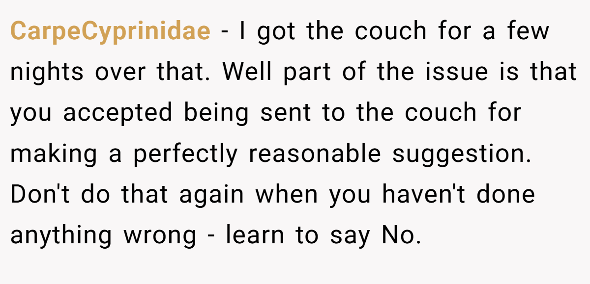 CarpeCyprinidae − I got the couch for a few nights over that. Well part of the issue is that you accepted being sent to the couch for making a perfectly reasonable suggestion. Don't do that again when you haven't done anything wrong - learn to say No.