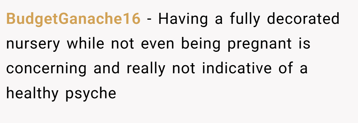 BudgetGanache16 − Having a fully decorated nursery while not even being pregnant is concerning and really not indicative of a healthy psyche