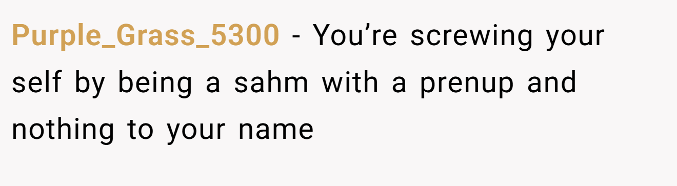 Purple_Grass_5300 − You’re screwing your self by being a sahm with a prenup and nothing to your name