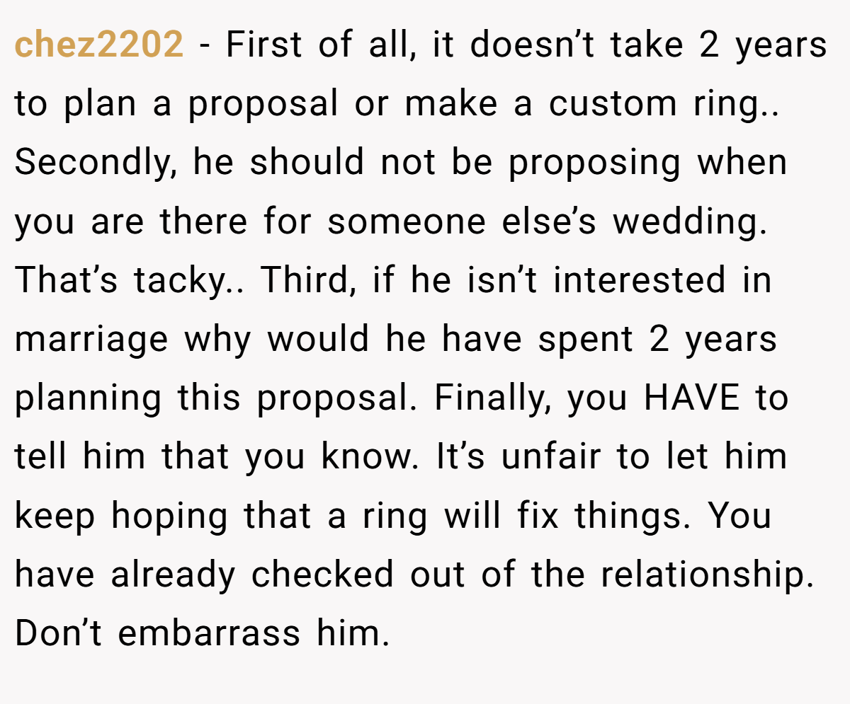 chez2202 − First of all, it doesn’t take 2 years to plan a proposal or make a custom ring.. Secondly, he should not be proposing when you are there for someone else’s wedding. That’s tacky.. Third, if he isn’t interested in marriage why would he have spent 2 years planning this proposal. Finally, you HAVE to tell him that you know. It’s unfair to let him keep hoping that a ring will fix things. You have already checked out of the relationship. Don’t embarrass him.