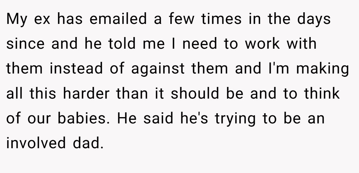 My ex has emailed a few times in the days since and he told me I need to work with them instead of against them and I'm making all this harder than it should be and to think of our babies. He said he's trying to be an involved dad.