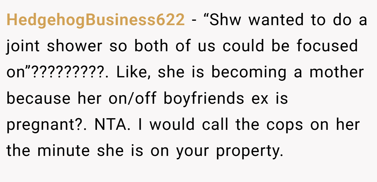 HedgehogBusiness622 − “Shw wanted to do a joint shower so both of us could be focused on”?????????. Like, she is becoming a mother because her on/off boyfriends ex is pregnant?. NTA. I would call the cops on her the minute she is on your property.