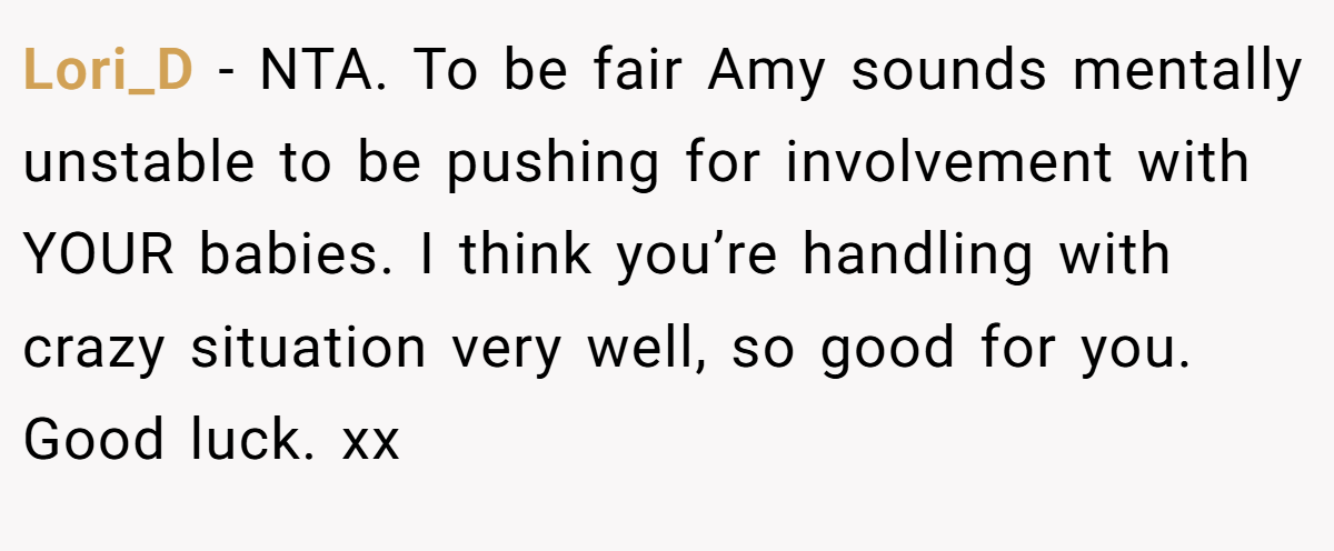 Lori_D − NTA. To be fair Amy sounds mentally unstable to be pushing for involvement with YOUR babies. I think you’re handling with crazy situation very well, so good for you. Good luck. xx