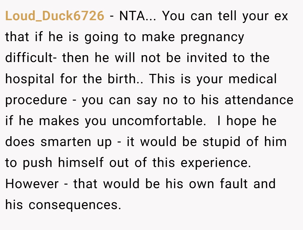 Loud_Duck6726 − NTA... You can tell your ex that if he is going to make pregnancy difficult- then he will not be invited to the hospital for the birth.. This is your medical procedure - you can say no to his attendance if he makes you uncomfortable.  I hope he does smarten up - it would be stupid of him to push himself out of this experience.  However - that would be his own fault and his consequences.