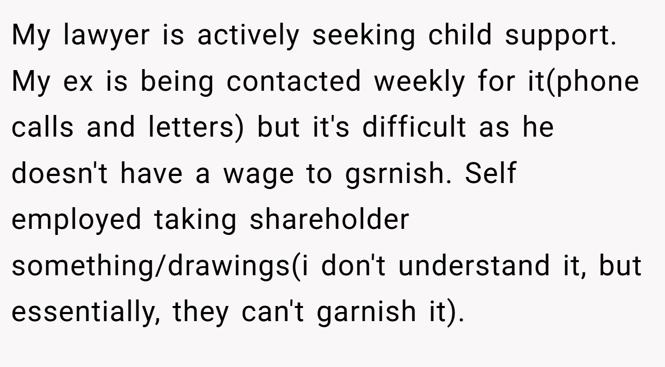 My lawyer is actively seeking child support. My ex is being contacted weekly for it(phone calls and letters) but it's difficult as he doesn't have a wage to gsrnish. Self employed taking shareholder something/drawings(i don't understand it, but essentially, they can't garnish it).