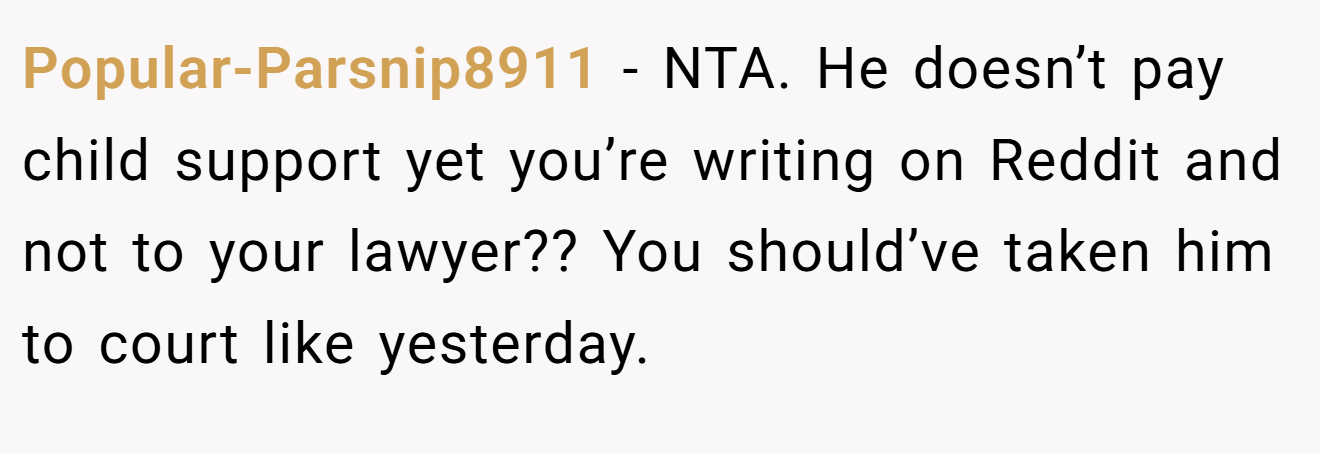 Popular-Parsnip8911 − NTA. He doesn’t pay child support yet you’re writing on Reddit and not to your lawyer?? You should’ve taken him to court like yesterday.